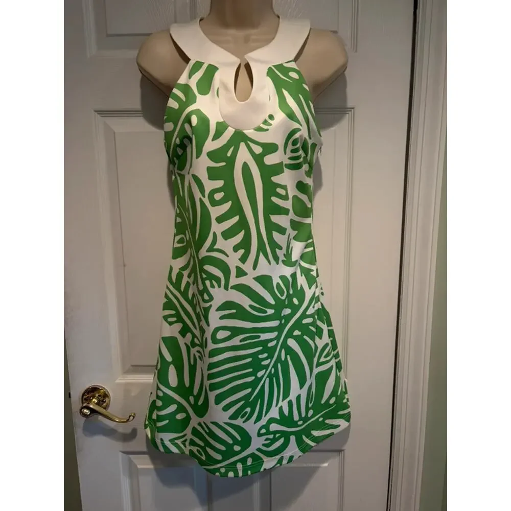 CK‎ Bradley Green Palm Print Halter Dress Size S Tropical Resort Keyhole Coastal